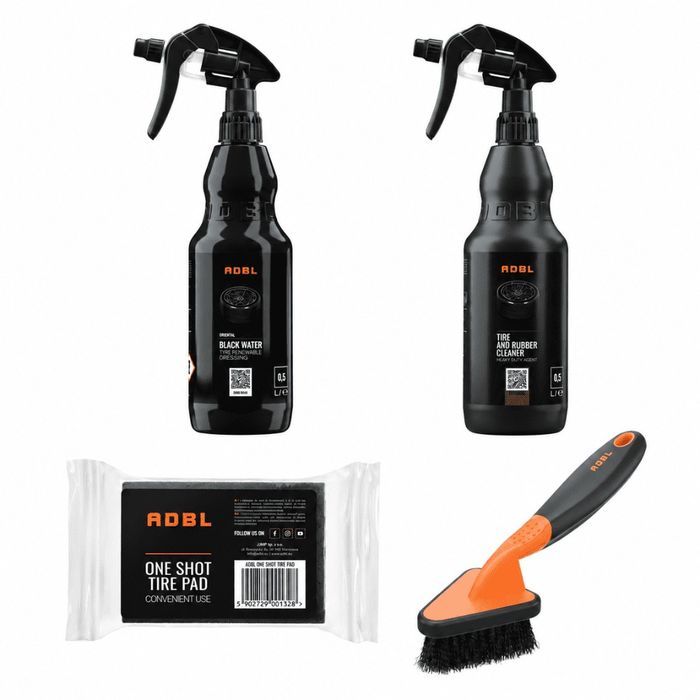Kit curățare și protecție anvelope ADBL – Cleaner 500ml + Black Water 500ml + perie + 2 aplicatoare