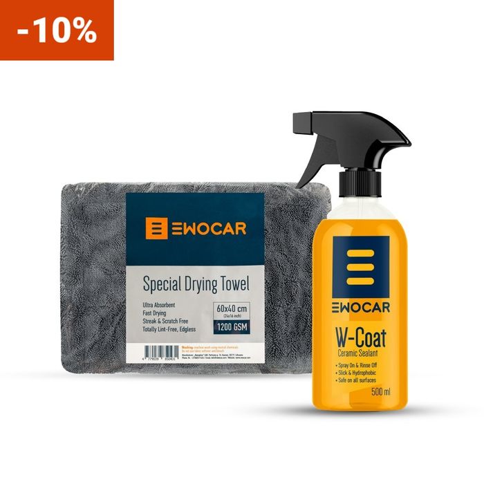 Kit protecție și uscare auto moto Ewocar – W-Coat 500 ml + prosop Twisted Loop 1200 GSM gri